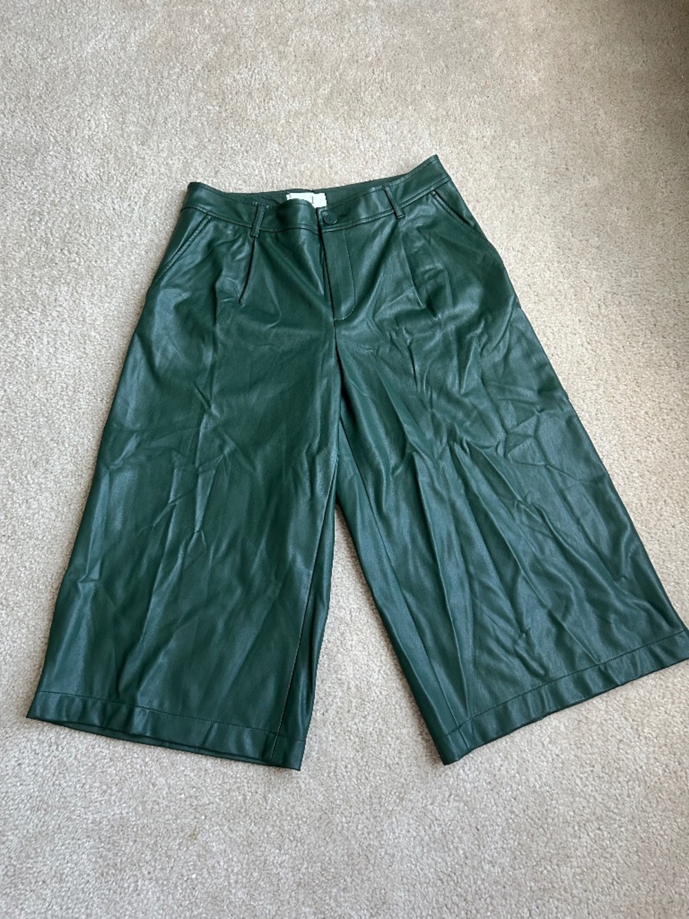 by Anthropologie Faux Leather Culottes Dark Forest Green Sz 10 Wide Leg Crop